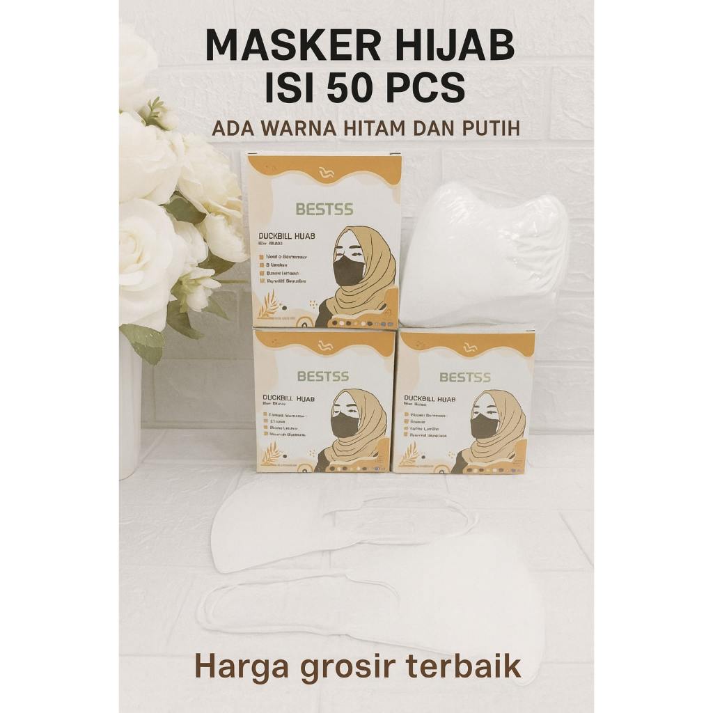 Masker Hijab Duckbill 50 Pcs Hitam Putih-Masker Hijab Duckbill 50 Pcs 2 Warna Hitam Putih Free BOX-m