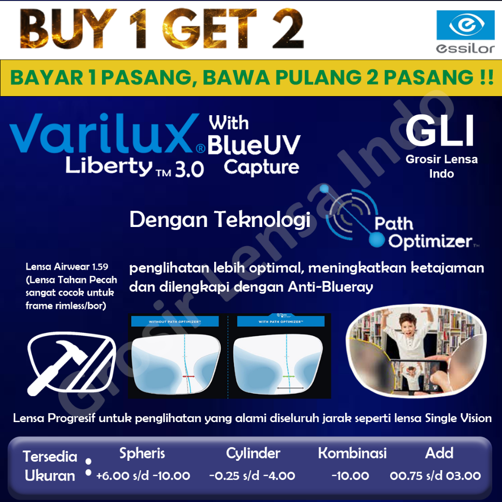 Lensa Kacamata ESSILOR Varilux Liberty Blue UV Capture 1.59 Airwear Crizal Rock / Sapphire / Drive /