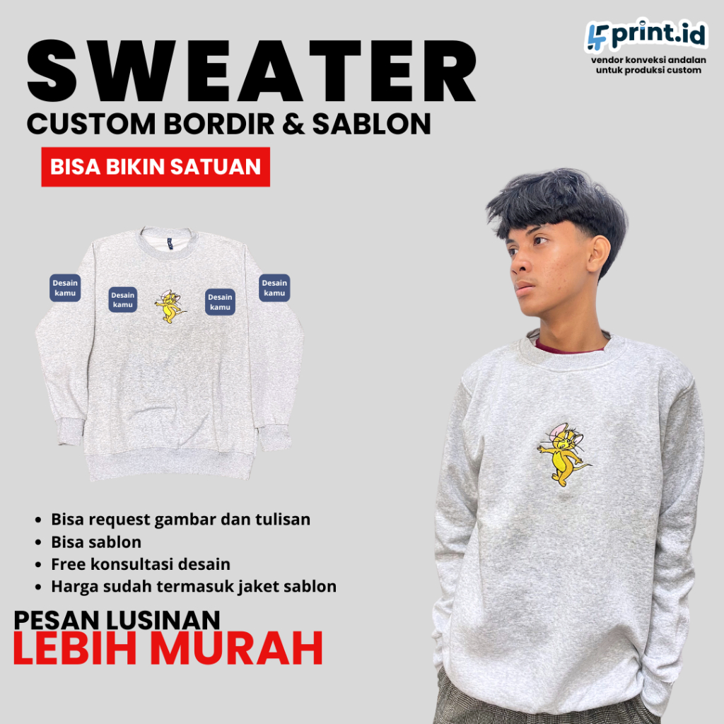 SWEATER CREWNECK CUSTOM SABLON SATUAN | SABLON DTF | SABLON BORDIR
