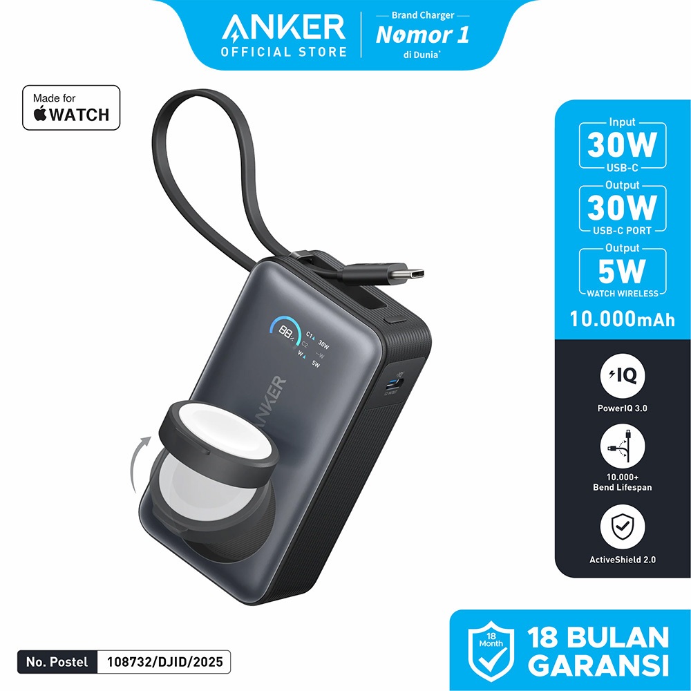 Anker MagGo Power Bank for Apple Watch 10,000 mAh Compact Battery Pack with Built-in USB-C Cable 35W