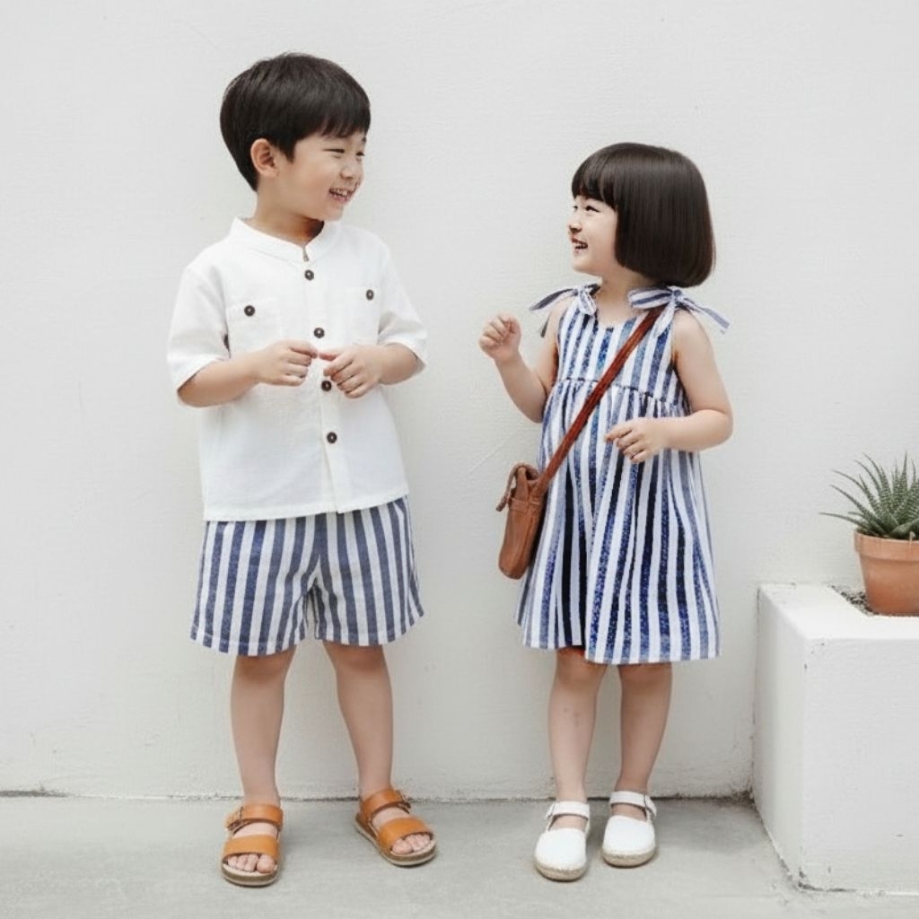 DearRussell Kenneth Set Boy Couple Setelan Anak Laki-Laki Kemeja Celana Pendek Premium Linen