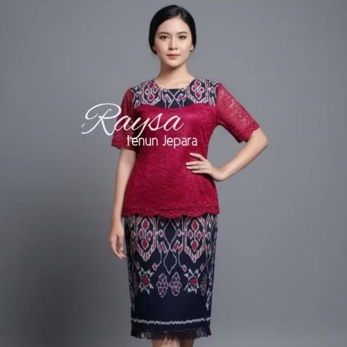 DRES TENUN MIX BROKAT MERAH BAJU TENUN PESTA BAJU KONDANGAN