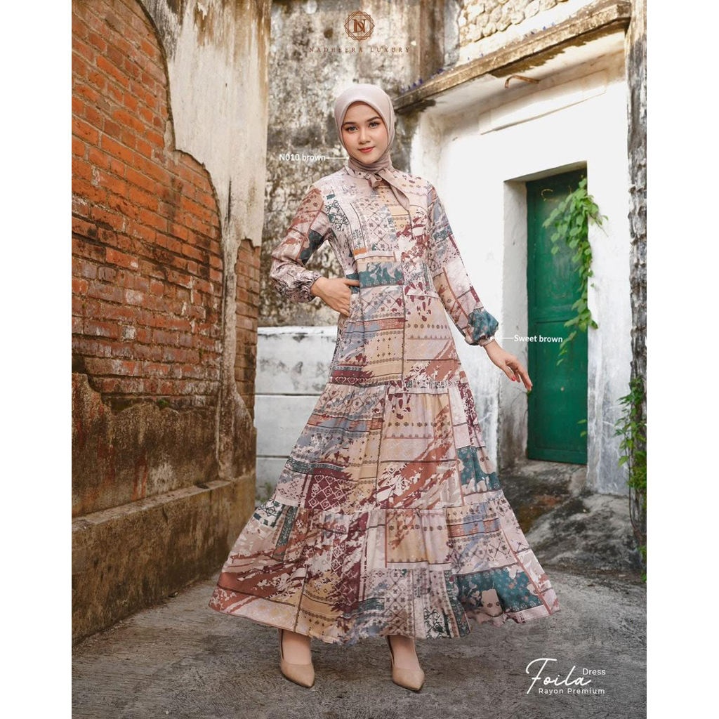 Foila Dress Rayon Premium – Sweetbrown & Green Forest Maxi Polos Elegan”, “Baju Muslimah Premium”,