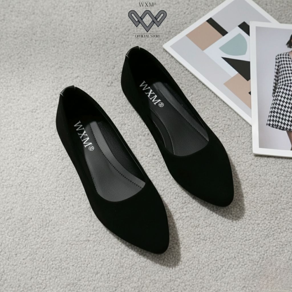 Sepatu Wanita Flastshoes Polos WX01 - Model Kerja - Flat Hitam shoes murah