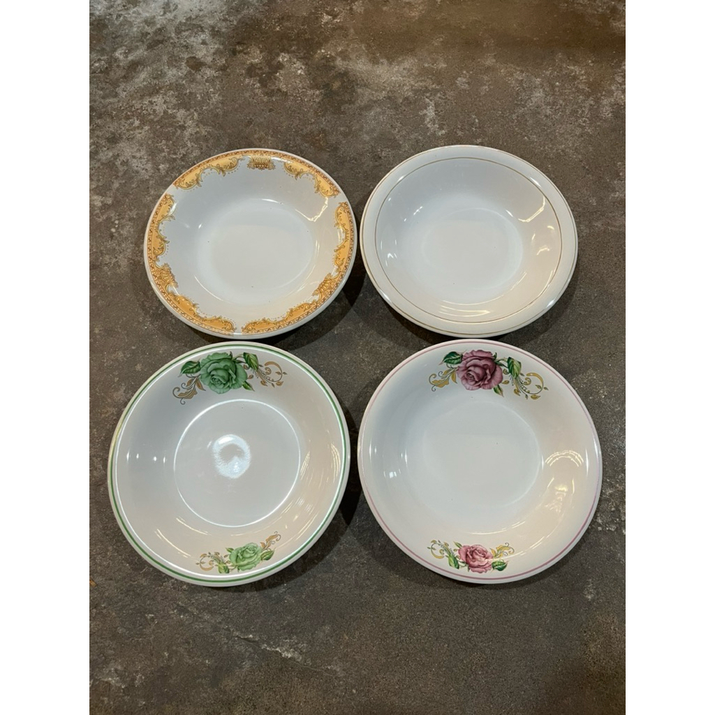 Piring makan Keramik 1 Lusin 12 pcs Motif Bunga mahkota lis emas 9 Inch