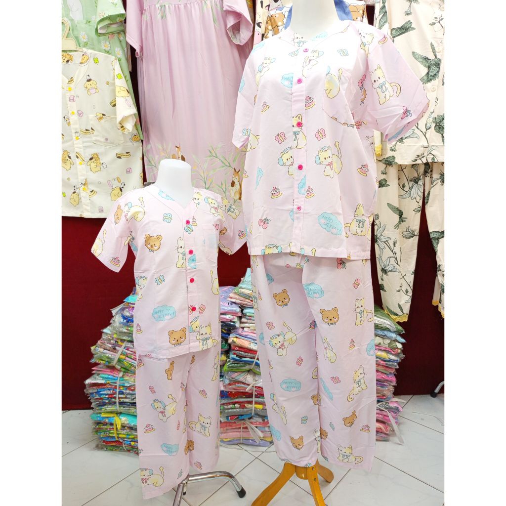 Setelan Piyama Dewasa & Anak Bahan Katun CVC Motif Kucing & Beruang