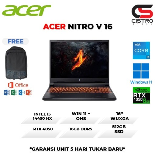 ACER NITRO V 16 I5 14450HX RTX4050 6GB/ 16GB 512GB W11+OHS 16.0WUXGA IPS 165HZ 100SRGB 2Y BLK -71.50