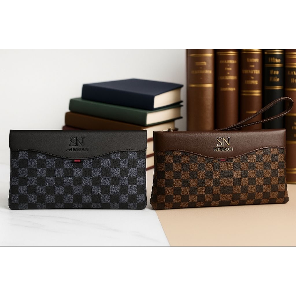 exclusive` handbag pu leather netherland ribbon motif kotak-kotak / coklat / clutch bag tas tangan