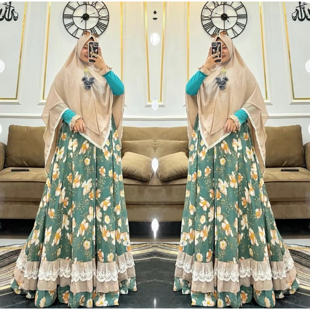Gamis wanita set hijab ceruty babydoll motif bunga warna mewah