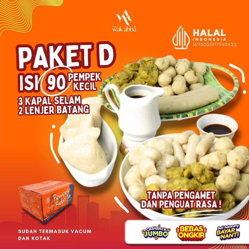 

Pempek Wak Abba 26 - Isi campur 90 pempek kecil + 3 Kapal Selam + 2 Lenjer Besar - PAKET D [Vacum + cuko botol + kotak]