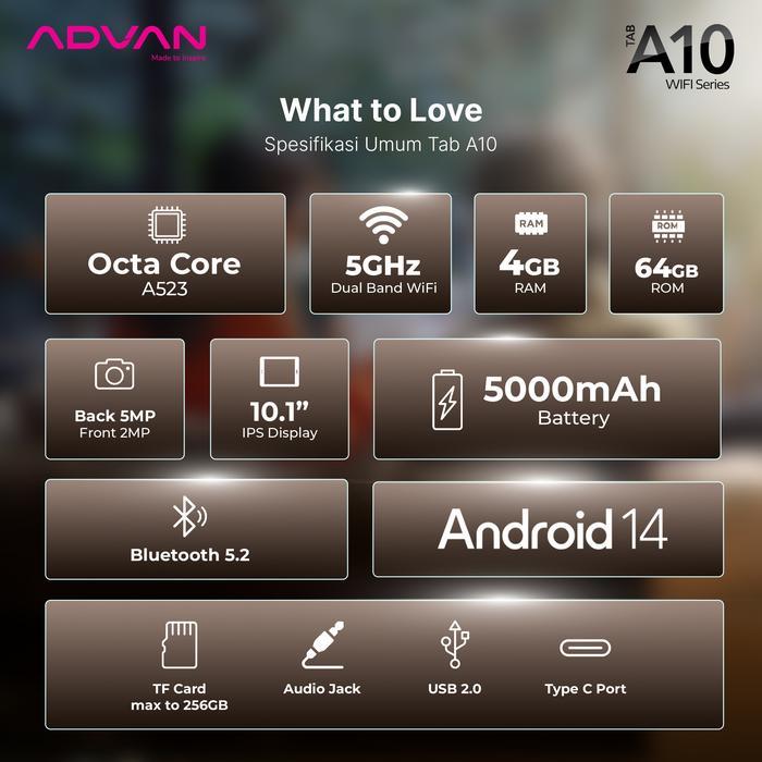 Tablet ADVAN TAB A10 Wifi RAM 4GB/64GB 10.1” inch IPS Screen Tablet Android 14 5000mAh