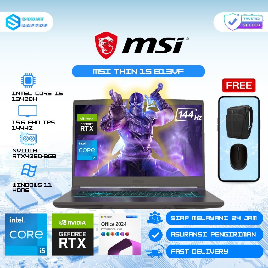 Laptop MSI THIN 15 B13VF Intel Core I5 13420H RTX4060 32GB 1TB 15.6" FHD IPS 144HZ BackLight Win11