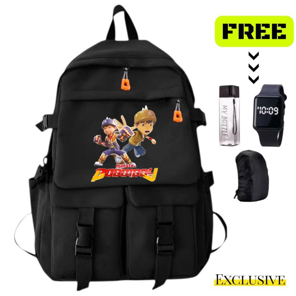 Tas Ransel Sekolah Anak Fashion Motif Krater BOBOIBOY TR 5018 Free Hadiah Jam Botlle Cover Anti air