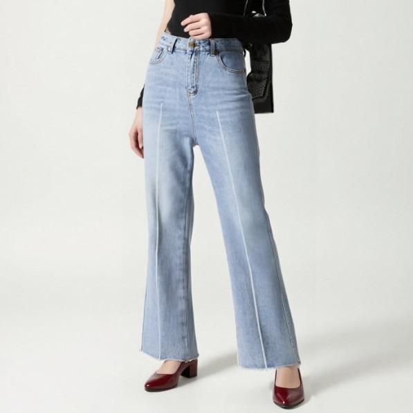 [MEIN] [Upgrade] GIRL POWER Garis Biru Muda Celana Kulot Jeans Wanita Panjang Korean style Retro Den