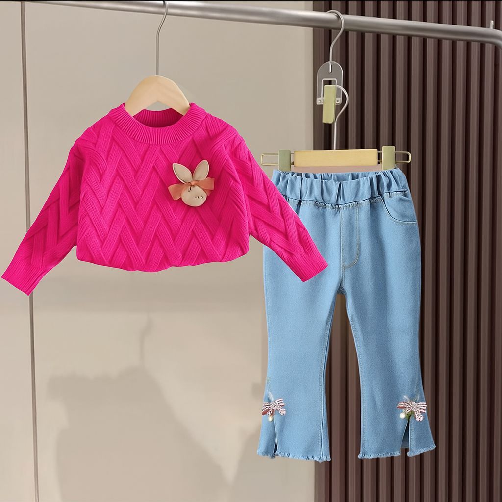 SETELAN ANAK 1-5 TAHUN RAJUT KELINCI / SETELAN BAJU CELANA DENIM PANJANG ANAK CEWEK / BAJU ANAK BANG