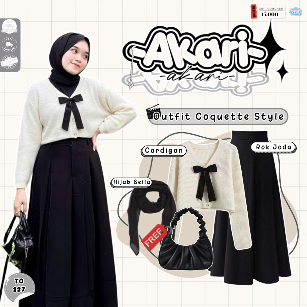Akari One Set Wanita Kekinian ( Hijab + Cardigan + Rok + Celana ) Outfit Remaja Kekinian - TO127
