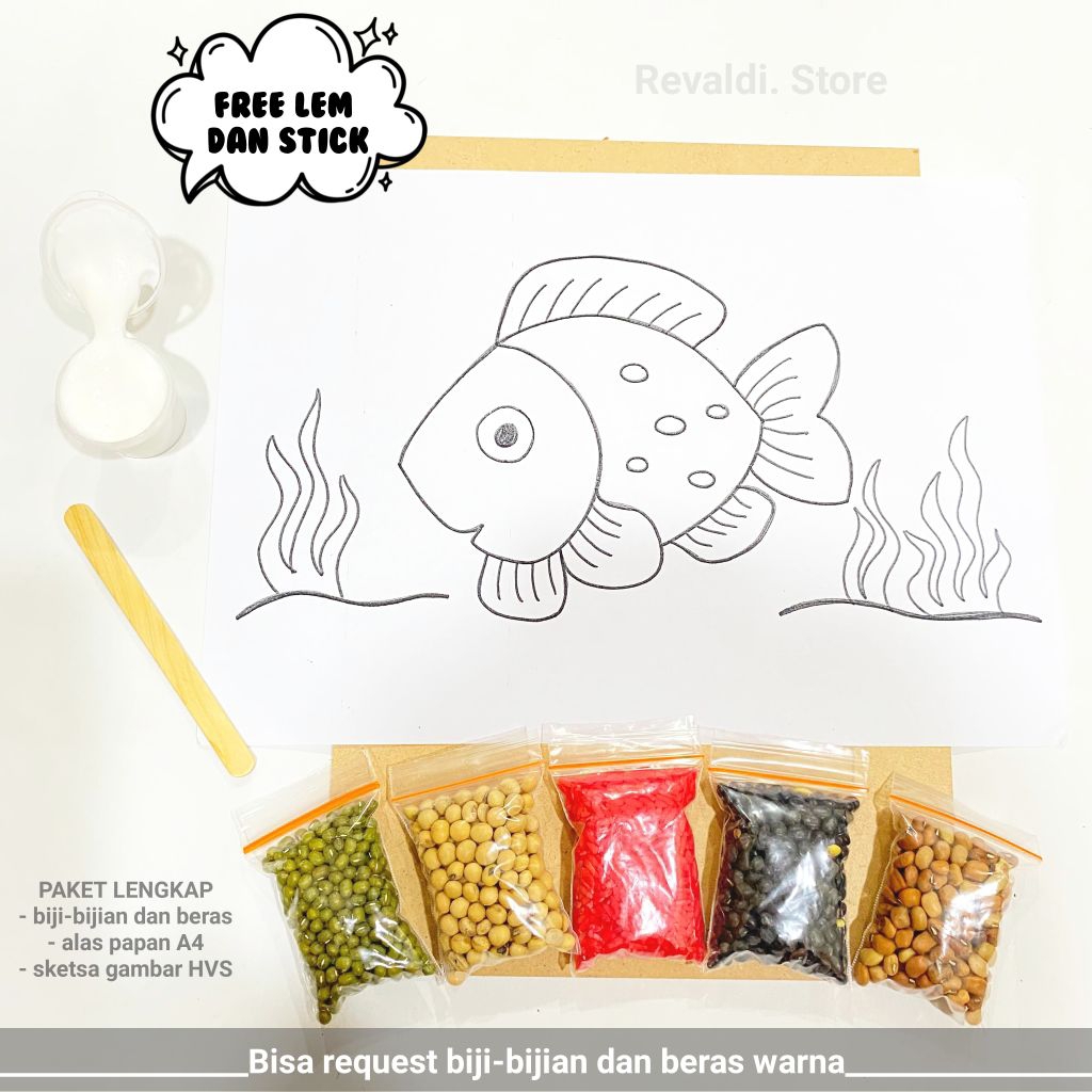 ( IKAN ) Paket lengkap kolase biji-bijian Bergambar A4 ( free lem ) tinggal tempel sendiri