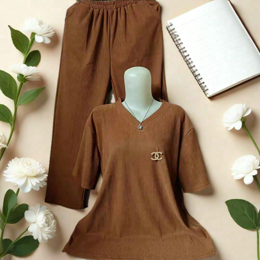 SETELAN BAJU CELANA KNIT PREMIUM LENGAN PENDEK ONE SET ANDIN WANITA LEHER V