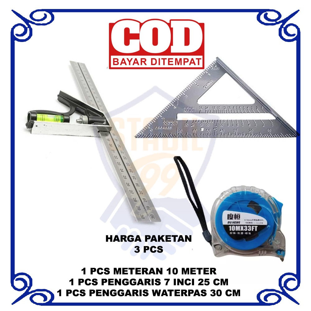 Penggaris Siku Penggaris Waterpass Multifungsi Alat Ukur Sudut Meteran Stainles 10 Meter 3 pcs