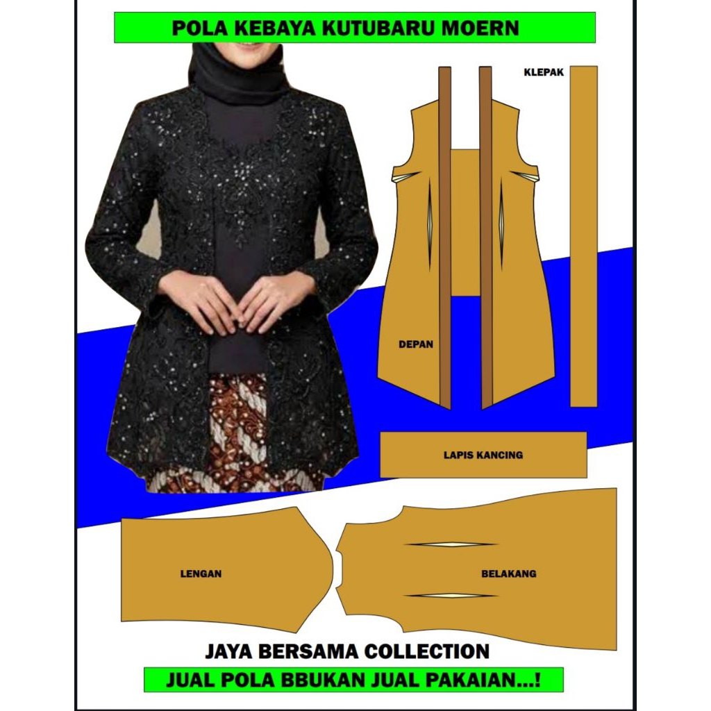 Pola kebaya kutubaru dewasa lengkap + kapmuh