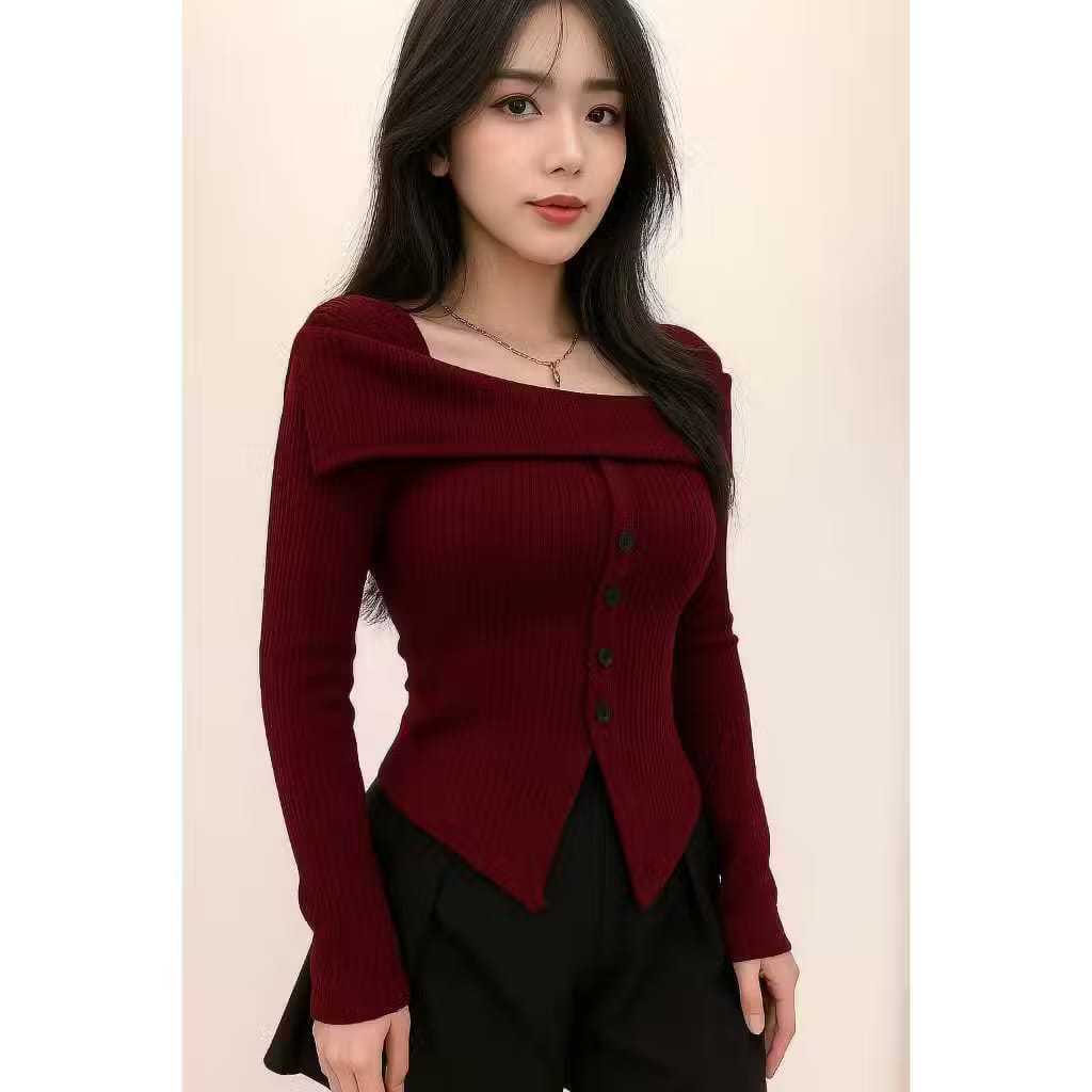 Majomer | Wiggle Crop Top Lengan Panjang - Atasan Wanita Kancing Rib Crop