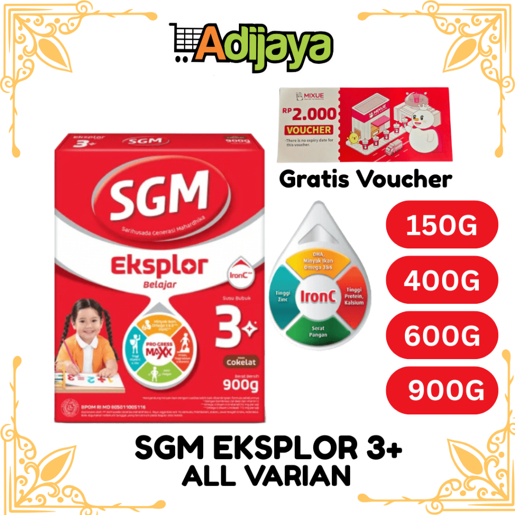 (GRATIS VOUCHER MIXUE) SGM Eksplor 3+ dengan IronC Susu Bubuk Rasa Vanilla, Madu, Coklat | 150GR 400