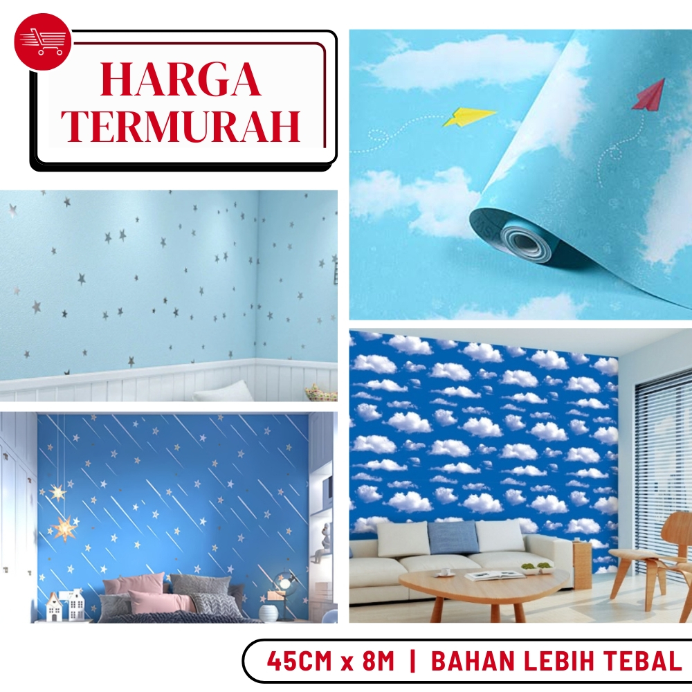 WALLPAPER MALL - Wallpaper Dinding Walpaper Awan Langit Walstiker Dinding Kamar Tidur Biru 10 Meter