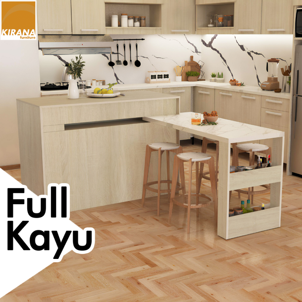 KIRANA Denver - Meja Makan Kayu Meja Pantry / Meja Tarik Putar / Meja Island / Meja Dapur Minimalis