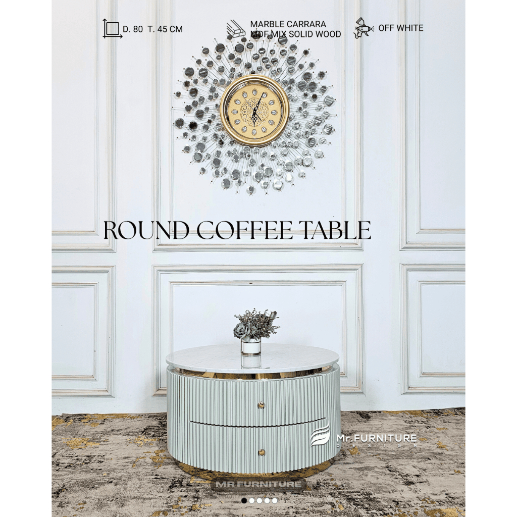 meja tamu bulat salur laci 2 off white top marmer carrara d 80 t 45 cm
