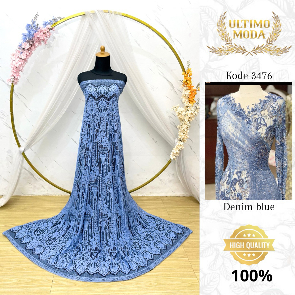 (GRADE A) KODE 3476 STEEL BLUE - KAIN PANEL BRUKAT 3 D GRADASI - P 2,7 M L 1,5 M - MEWAH DAN ELEGAN 