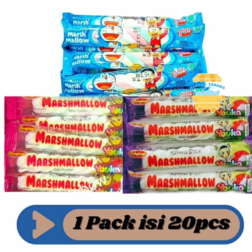 Youka Marshmallow Kepang Stick 1 Pack Isi 20 Marshmallow Kepang Stick Permen Marshmallow Strawberry 