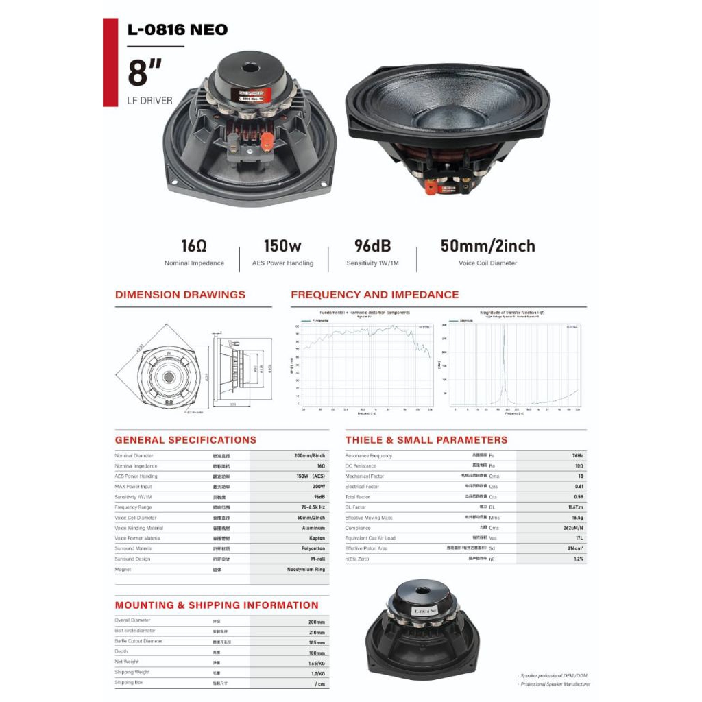 DRIVER SPEAKER BNC 8 INCH MODEL L-108 NEO L108NEO
