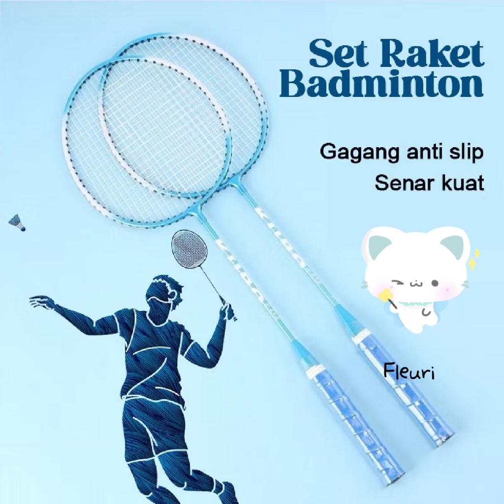 FLEURI | RAKET BADMINTON BULUTANGKIS isi 2pcs Set Raket Biru Pink Bonus Bag Gagang Anti Slip DIJAMIN