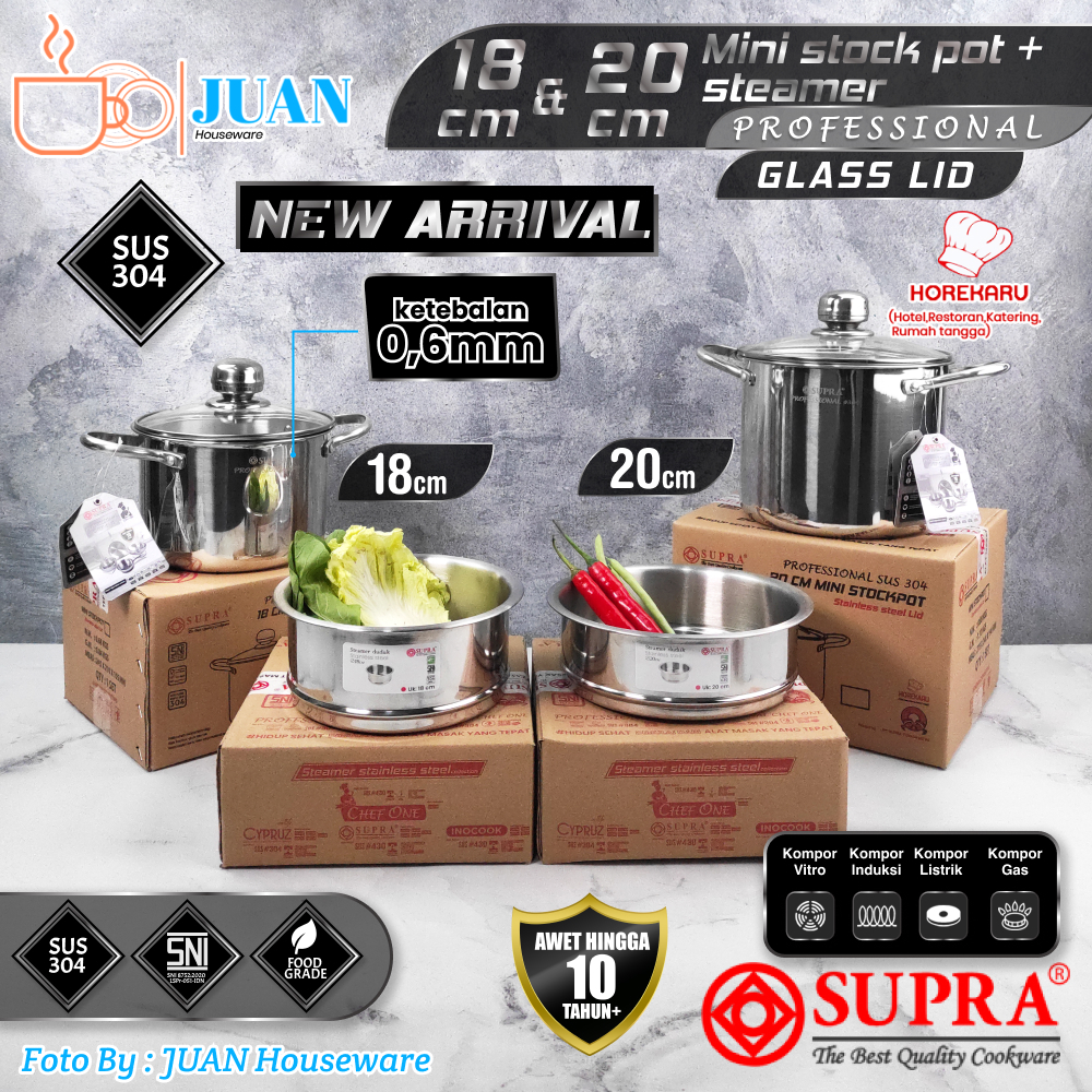 SUPRA Mini Stock Pot Panci Set Stainless Steel SUS 304 Professional with Steamer Stainless 18 cm & 2