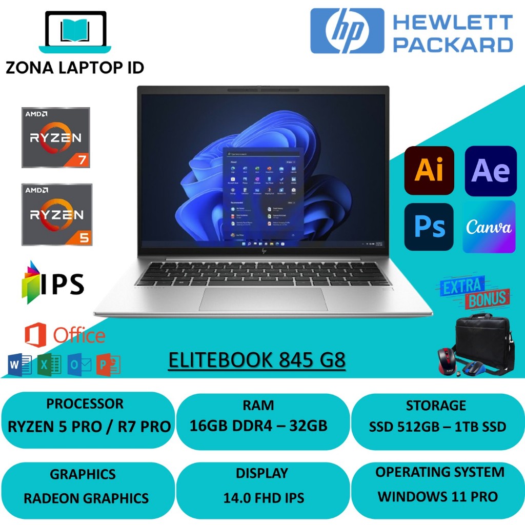 Laptop Gaming HP Elitebook 845 G8 AMD Ryzen 7 Pro 5000 Series Ram 32GB SSD 1TB Layar 14 inch