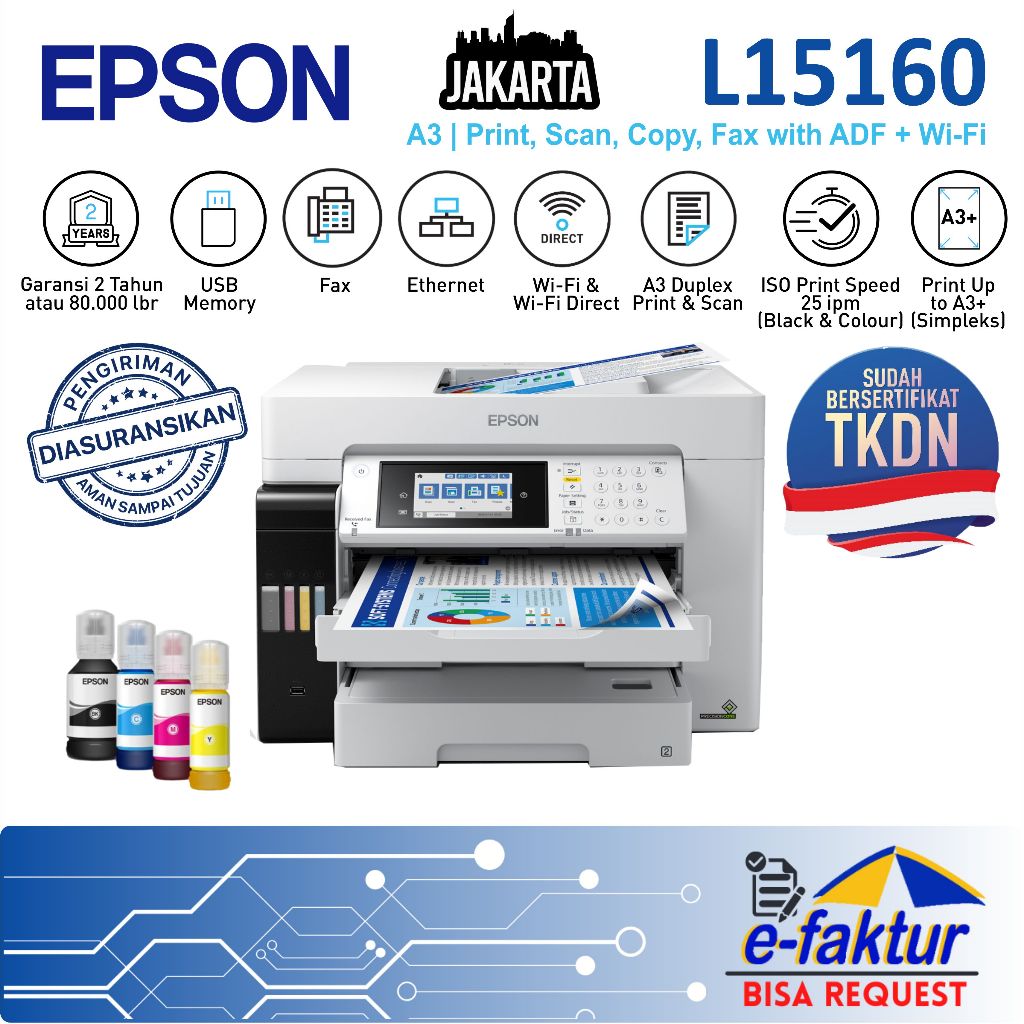 MALLIT EPSON Printer Epson L15160 L-15160 L 15160 A3 Duplex Pigment All in One Resmi Jakarta
