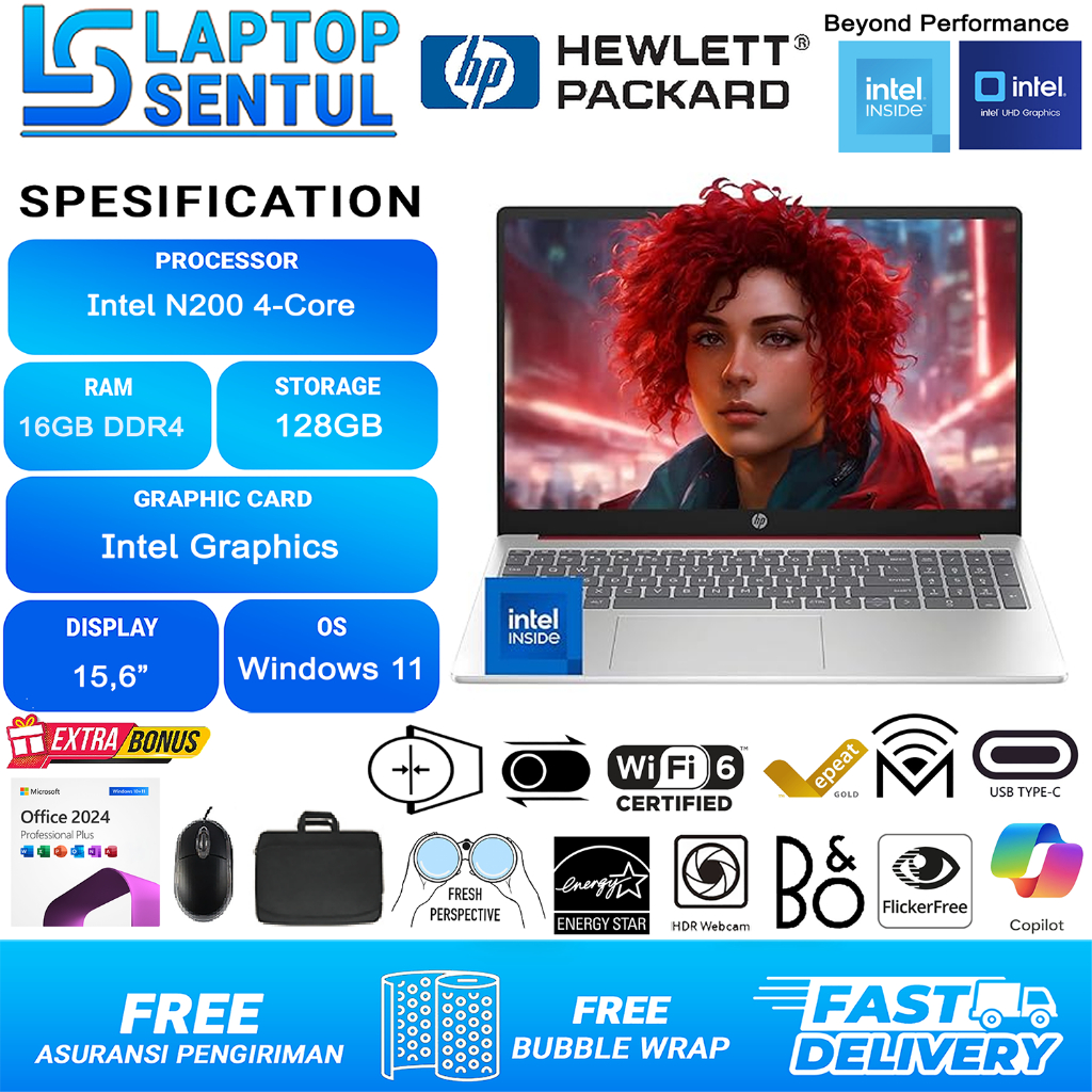 Promo Laptop Hp 15 | Intel N200 Ram 16GB Windows 11 Office 2024 Silver