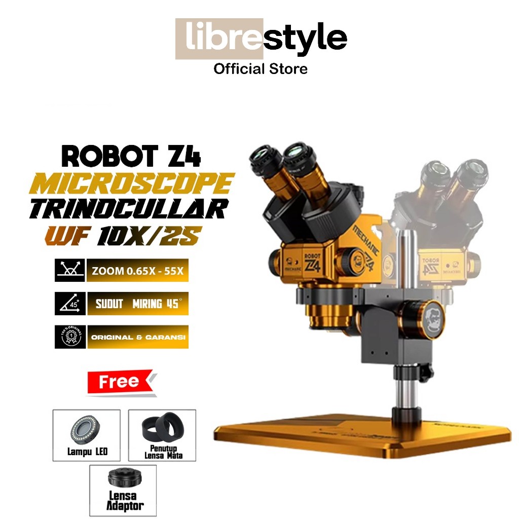 Microscope Trinocular Mechanic ROBOT Z4 6560X WF10X25 – Gold (Free Lampu + CTV + Karet Lensa + Penah