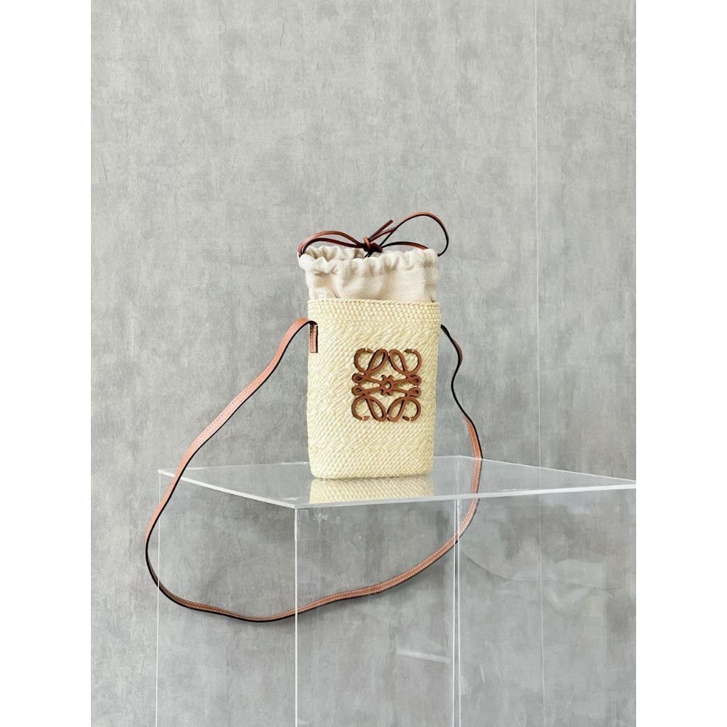 LOEWE Anagram Paula’s Ibiza Square Pocket Leather-Trimmed Raffia Bucket Bag