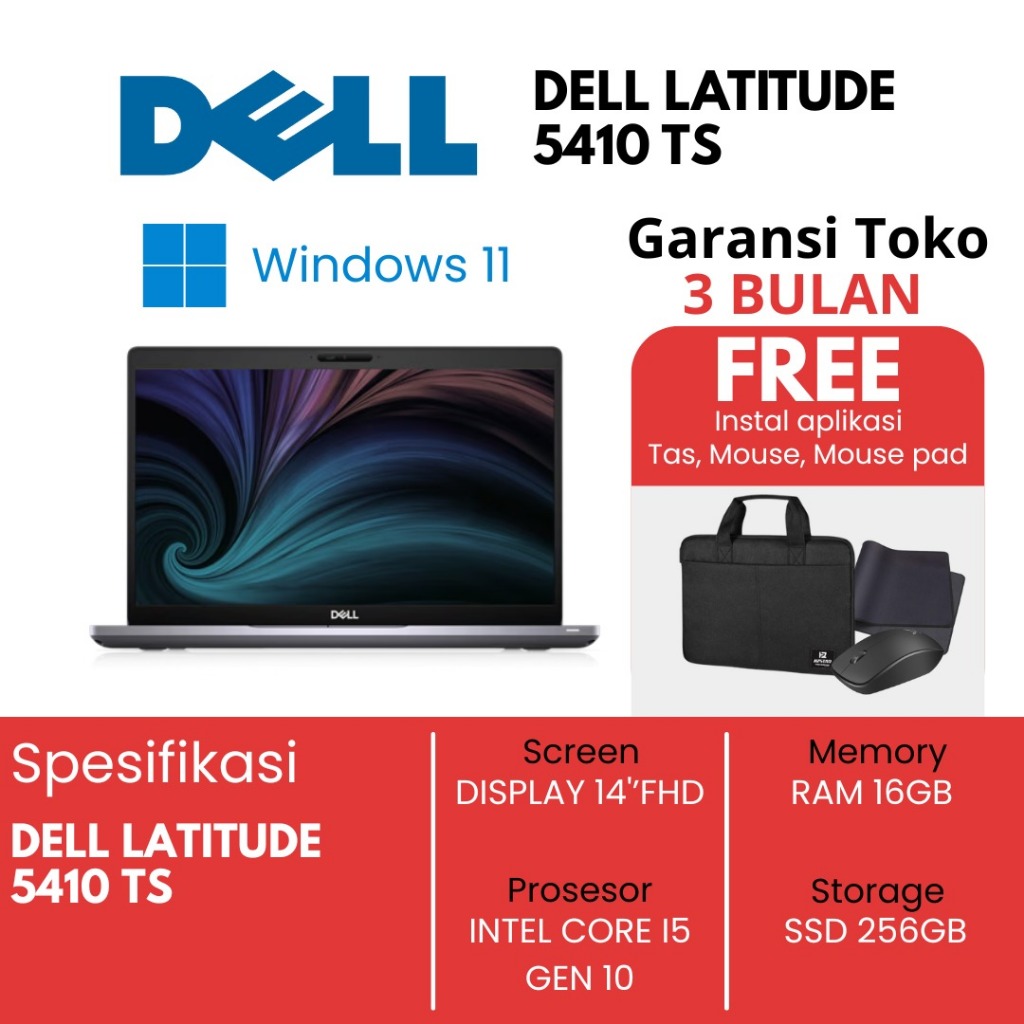DELL LATITUDE 5410 TS INTEL CORE I5 GEN 10 RAM 16 GB  SSD 256 GB WINDOWS 11 INTEL HD GRAPHIC DISPLAY
