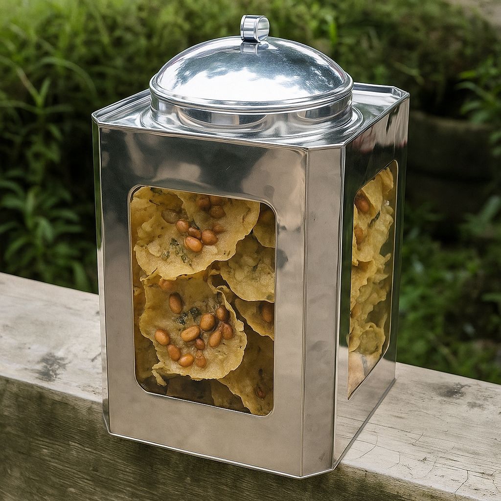 (17 CM) Toples Stainless Kaca Jadul Lucu Tempat Penyimpanan Kerupuk dan Makanan