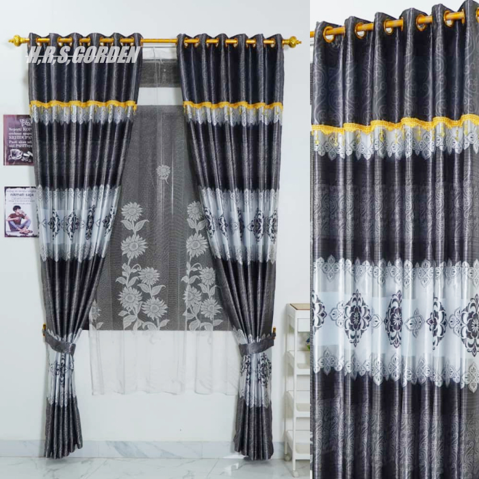 Gorden Poni Tempel Bahan Blackout Mewah Motif Batik  Smokering Panjang 230cm Biru Coklat