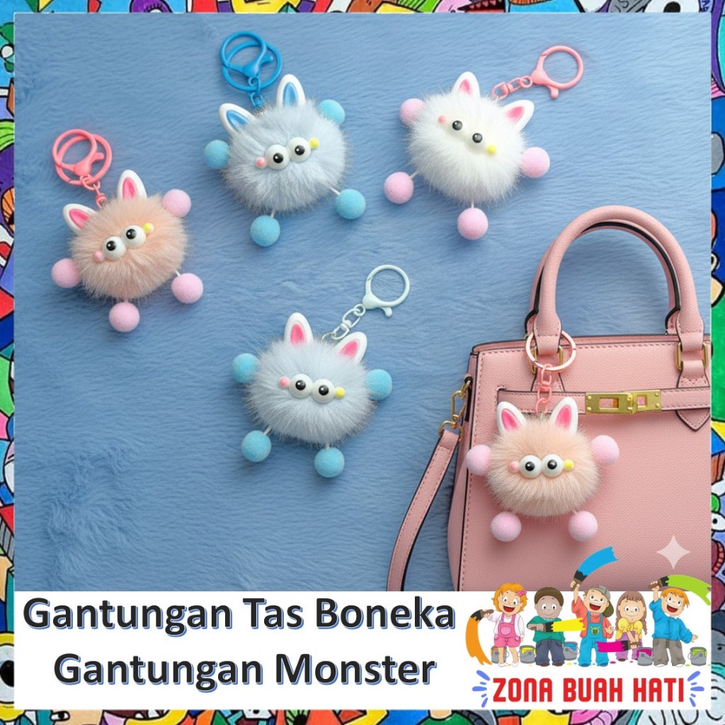 ZBH Gantungan Tas Boneka Lucu Gantungan Little Monster Kawai Boneka Bulu Halus Gantungan Kunci Bonek