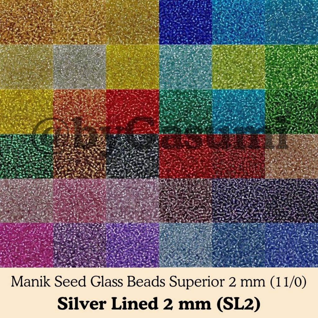 (SL) Manik Premium Ukuran Seragam 2 mm 11/0 Silver Lined Glass Seed Beads Perak Tengah Berkilau Bula