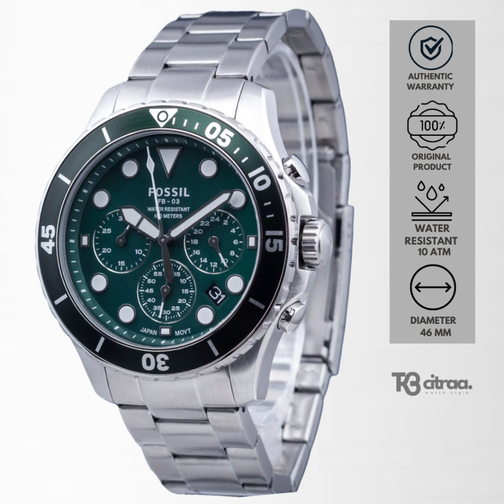 Jam Tangan Pria Fossil FB-03 FS5726 Chronograph Men Green Dial Silver Stainless Steel Strap Sporty M