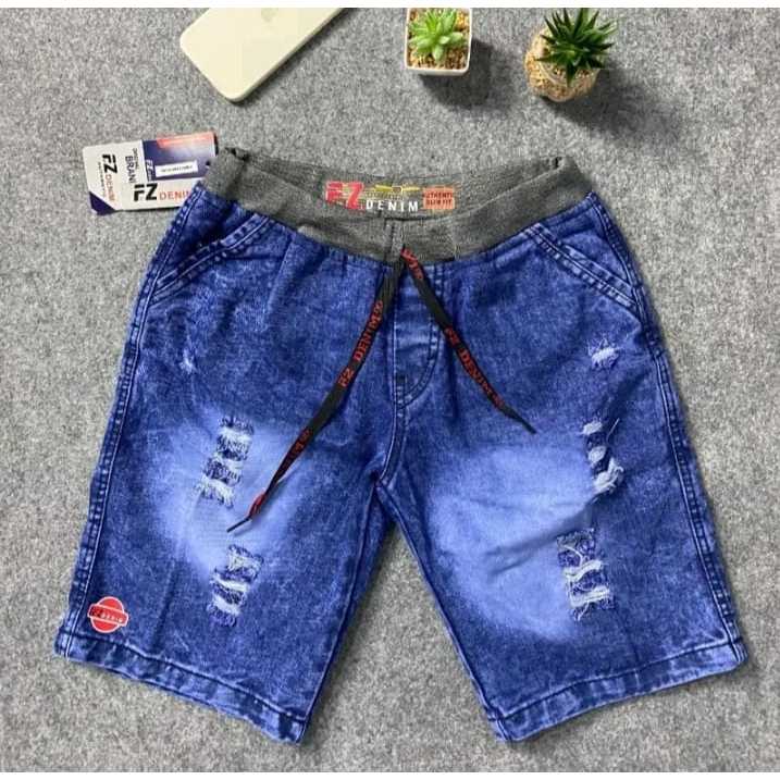 Celana pendek jeans Sobek pinggang karet /Pendek Pria Sobek Celana Jeans Tebal  Bahan Jeans