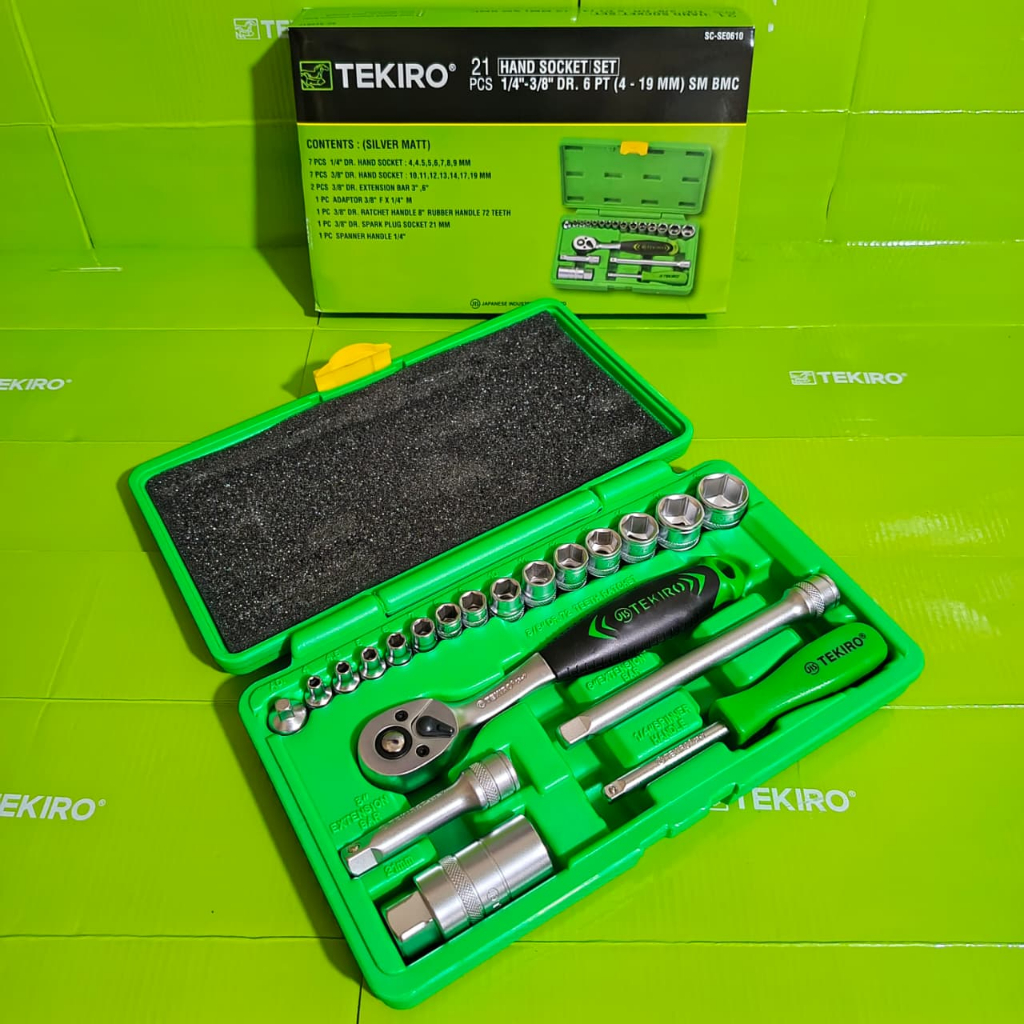 Kunci Shock Sock Sok Set 21 Pcs 4-21 mm TEKIRO 1 Box Drive Socket 1/4 - 3/8 Inch 6 Pt Socket Wrench 