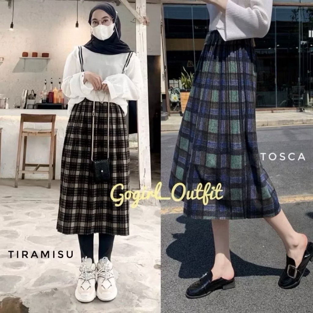 BISA COD ROK MIDI PLISKET TARTAN / ROK PLISKET KOTAK IMPORT 7/8 / ROK TARTAN PENDEK WANITA