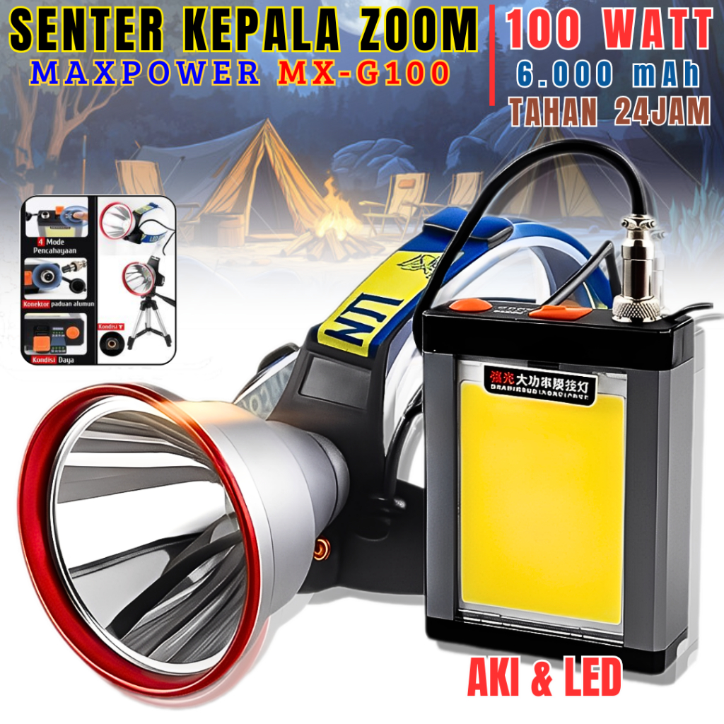 Headlamp / Senter Kepala Led Maxpower Mx-G100 Bonus Aki Memiliki 4 Mode, 100 Wat,Cahaya Putih | Sent