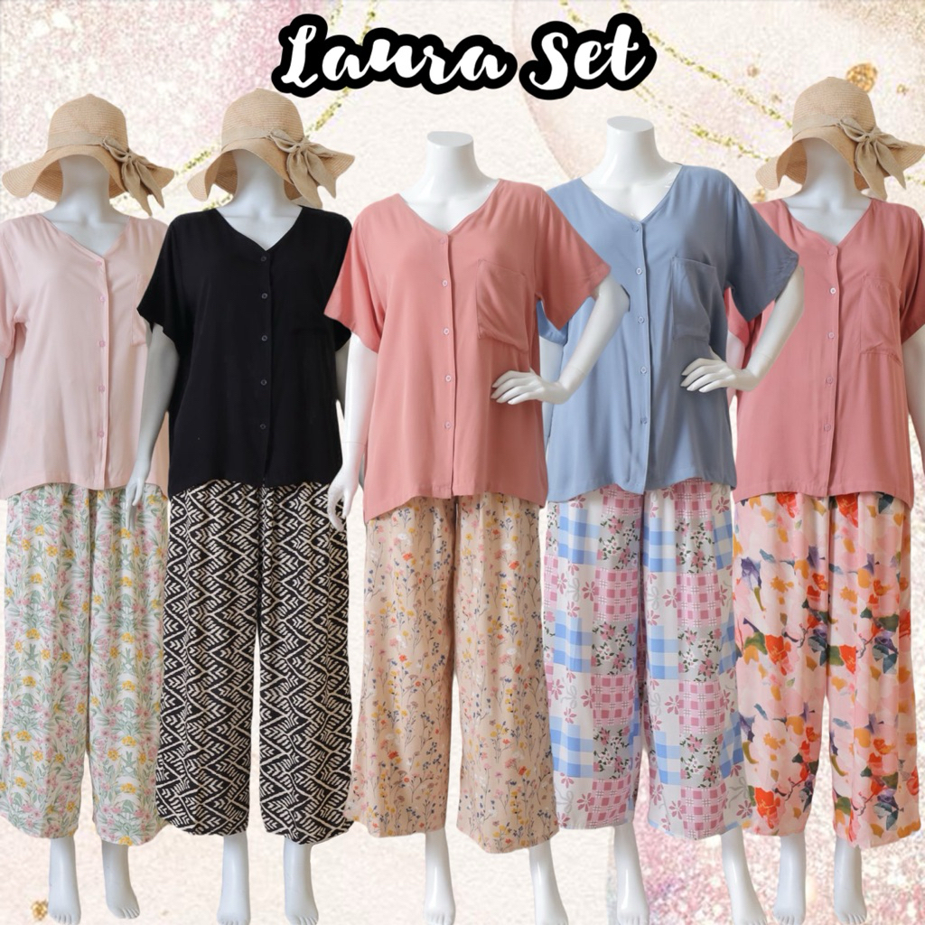 LAURA SET | PIYAMA LENGAN PENDEK VNECK piyama motif jumbo rayon baju tidur